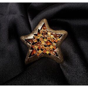 Rare Find Vintage CORO Gold-Tone Star Brooch With Amber & Yellow Rhinestones